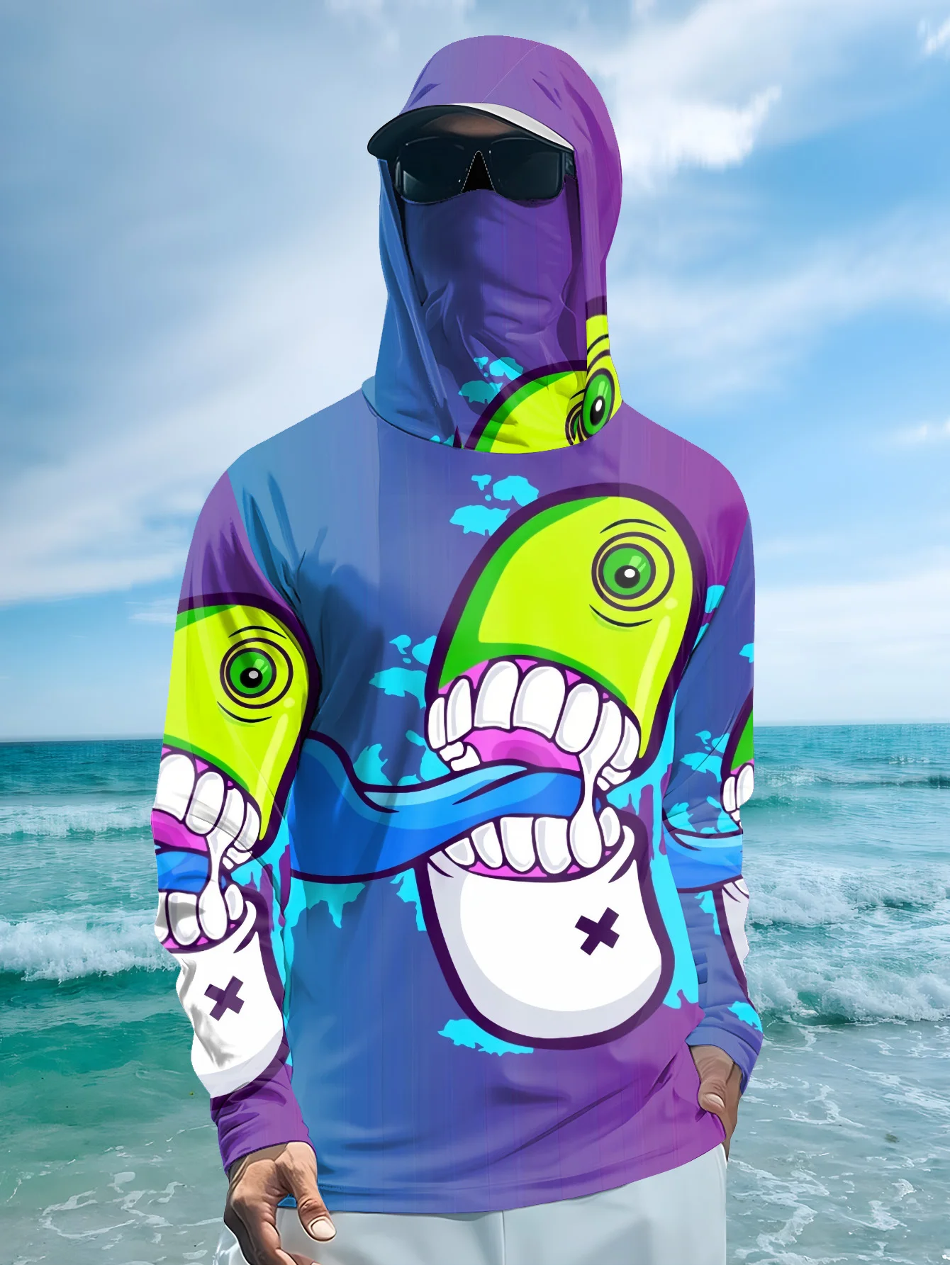 Fishing Mask Sun Protection - メンズ向け、漫画風のモンスター柄グラフィティプリント、フェイスマスク付き、UPF50+、速乾性、紫外線対策、長袖、アウトドア用、釣り用トップス。