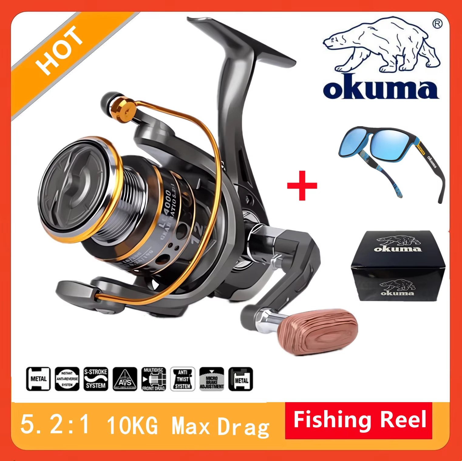Daiwa Reel Fuego - オクマ高速 5.2:1 フィッシングスピニングリール耐腐食性キャスティングリール海水淡水 10KG フロントおよびリアドラッグリール