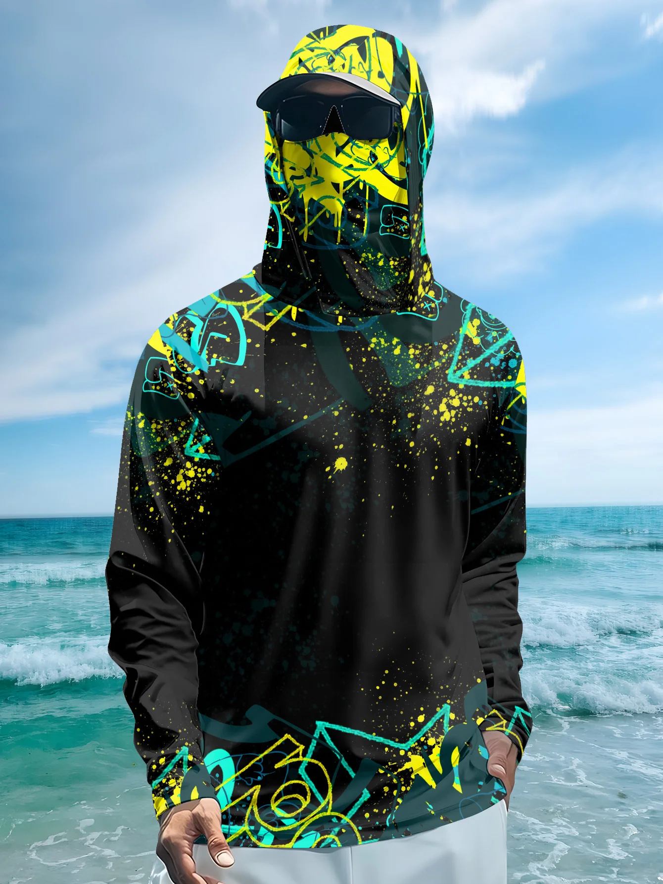 Fishing Mask Sun Protection - メンズ UPF50+ 釣り用フード付きシャツ、フェイスマスク付き、グラフィティプリント、長袖、速乾性、紫外線対策、アウトドア用釣りシャツ