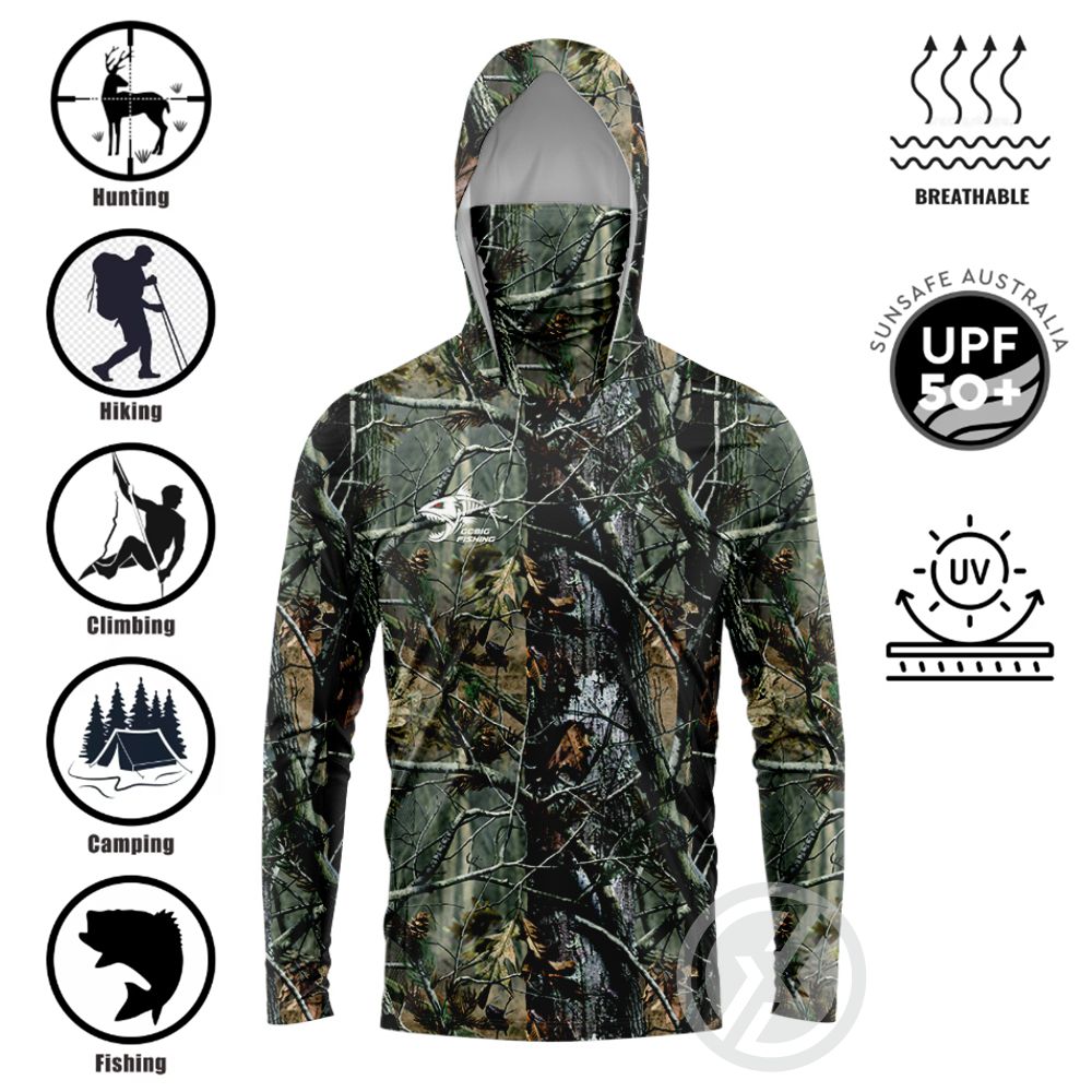 Fishing Shirt Uv Protection - UPF50+ フード付きフィッシングシャツ 内蔵フェイスゲイター 3Dプリント ユニセックス シャークフィッシュ柄