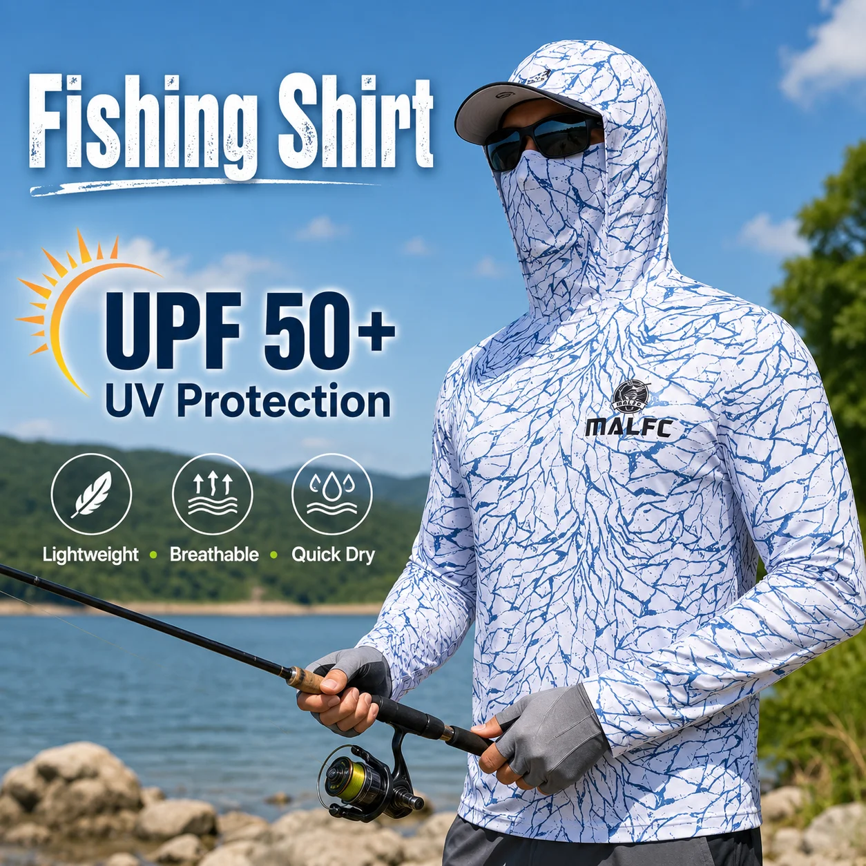 Fishing Mask Sun Protection - メンズ用、UPF50+の紫外線カット機能付き、フード付きフェイスマスク、クレープ柄、速乾性、長袖、釣りやアウトドア、ハイキング、ビーチでの使用に最適な大人用シャツ。