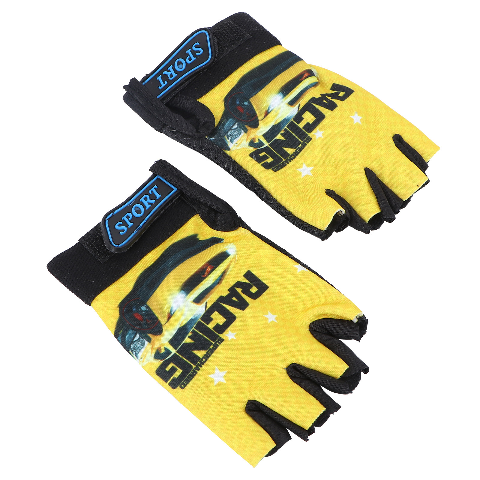 Fishing Gloves - 子供用手袋、指先が開いたタイプ、黄色、車のデザイン、高品質で通気性の良い素材、滑り止め加工、サイクリング、自転車、釣り、ハイキング、パドリングに最適。