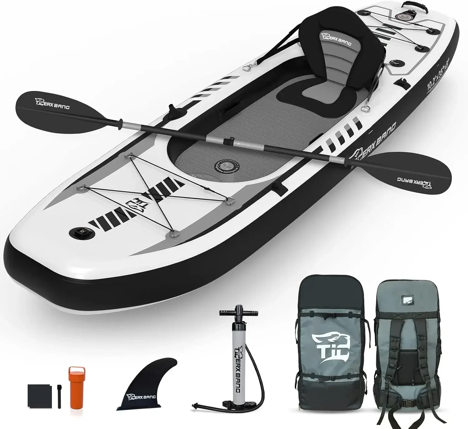 Fishing Backpack - TIGERXBANG 10.2フィート×35インチ×8インチのインフレータブルカヤック。取り外し可能なシート付き。SUPカヤックセットには、手動ポンプ、アルミ製オール、バックパックが含まれます。大人用／子供用。 | 釣り、ツーリング用