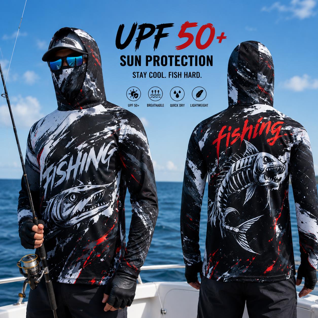 Fishing Hoodie - 速乾性通気性メンズフィッシングフーディー グラデーションバスプリント UV日焼け防止 長袖 アウトドアスポーツフィッシングウェア
