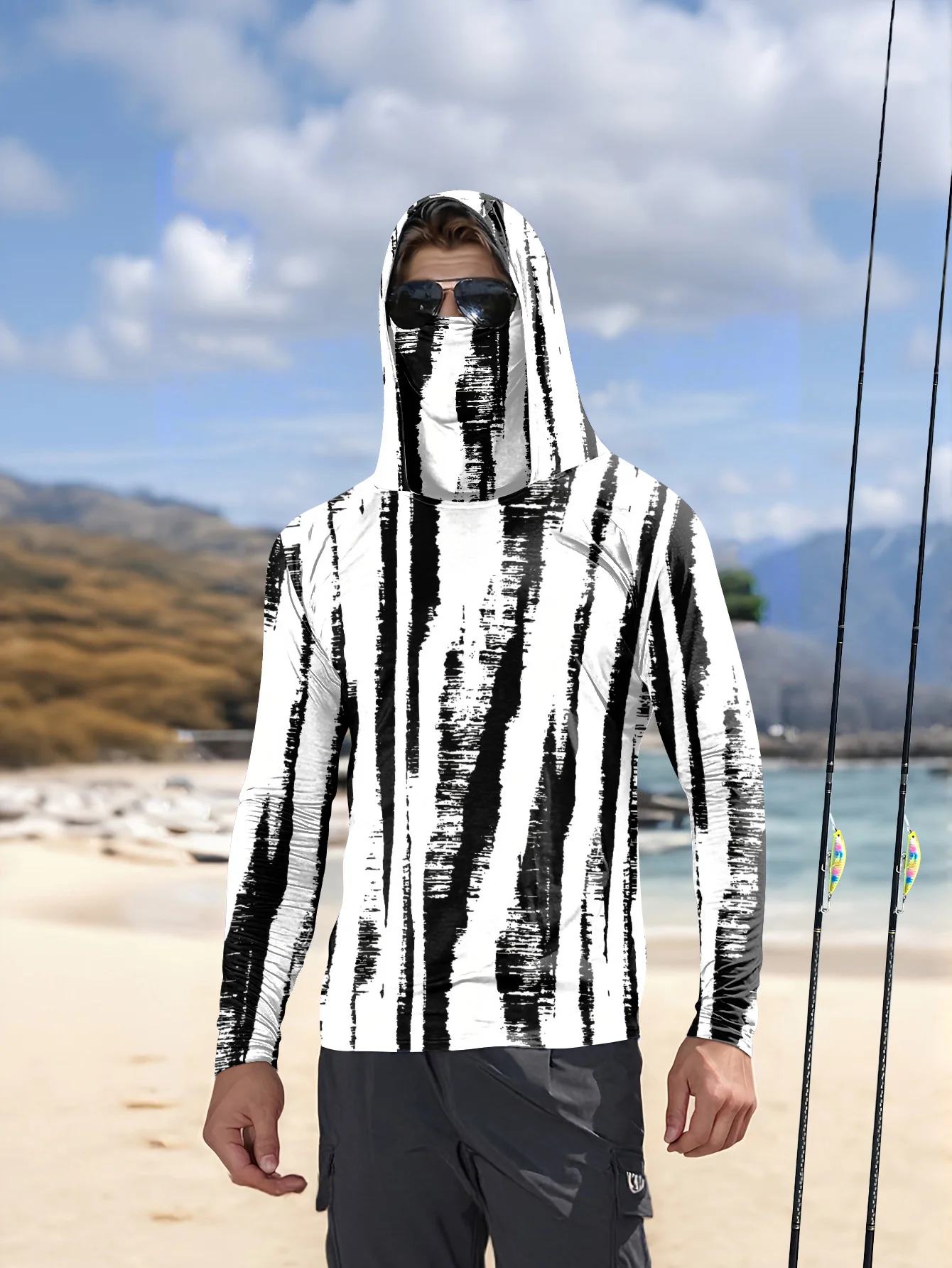 メンズ用、黒と白のストライプ柄、フェイスマスク付き、UPF5 - Fishing Mask Sun Protection のレビューと価格