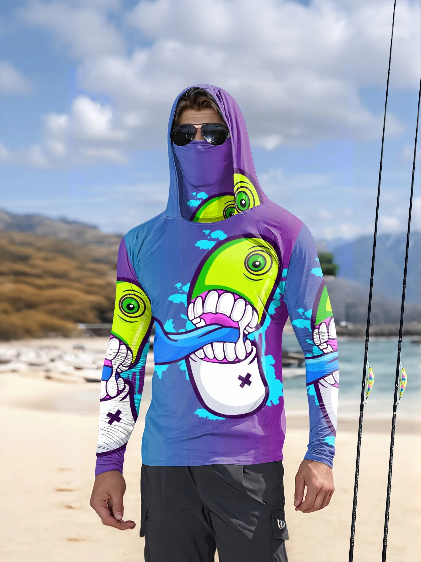 メンズ向け、漫画風のモンスター柄グラフィティプリント、フェイ - Fishing Mask Sun Protection のレビューと価格