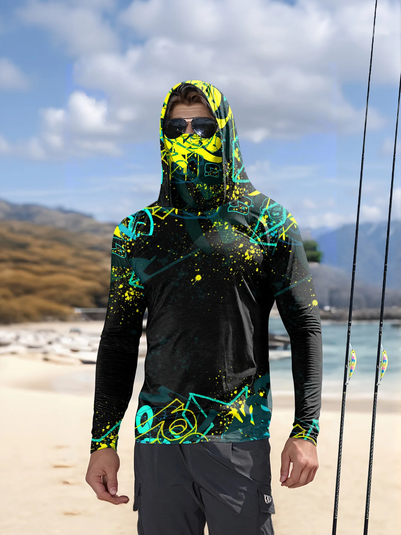 メンズ UPF50+ 釣り用フード付きシャツ、フェイスマスク - Fishing Mask Sun Protection のレビューと価格