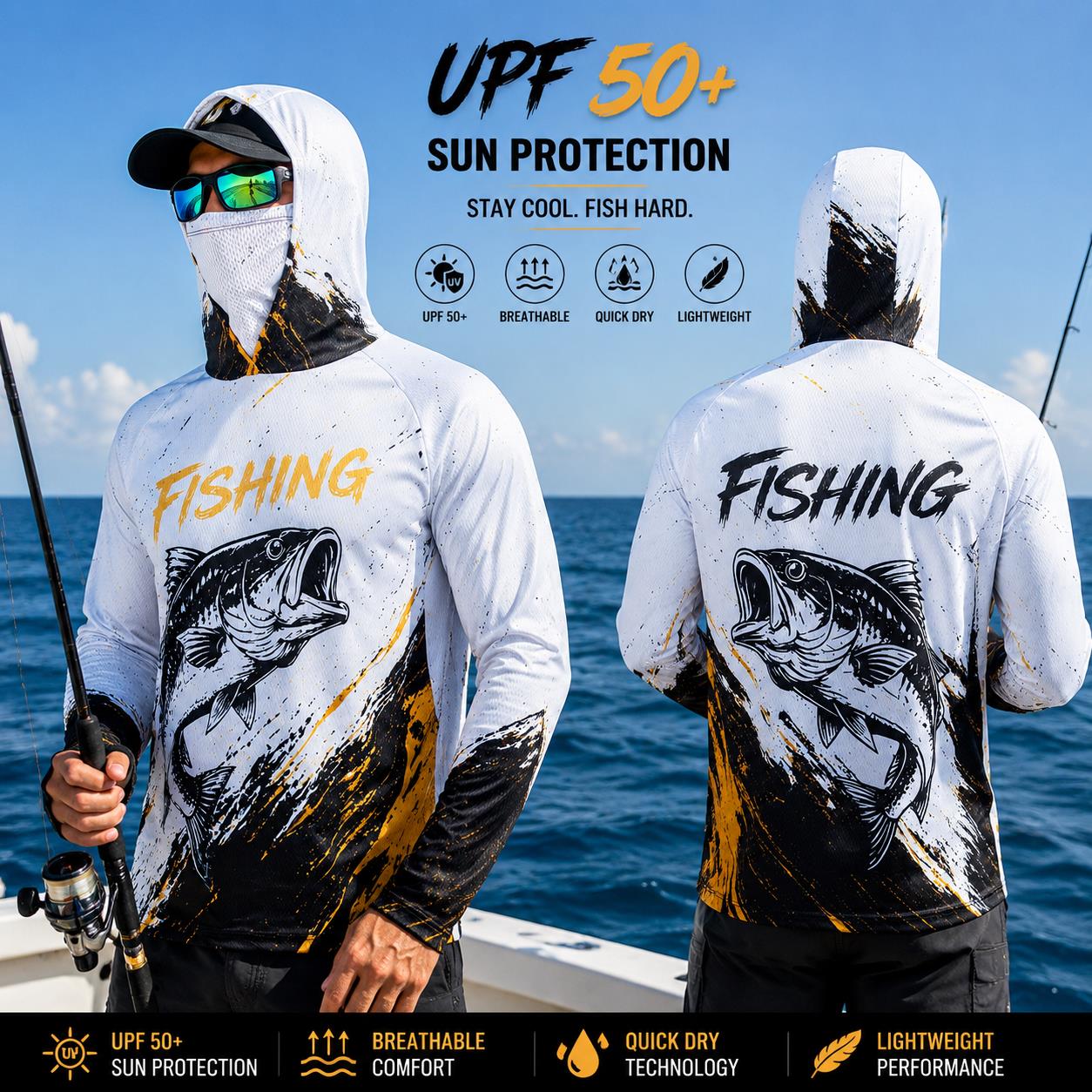 速乾性通気性メンズフィッシングフーディー グラデーションバス - Fishing Hoodie のレビューと価格